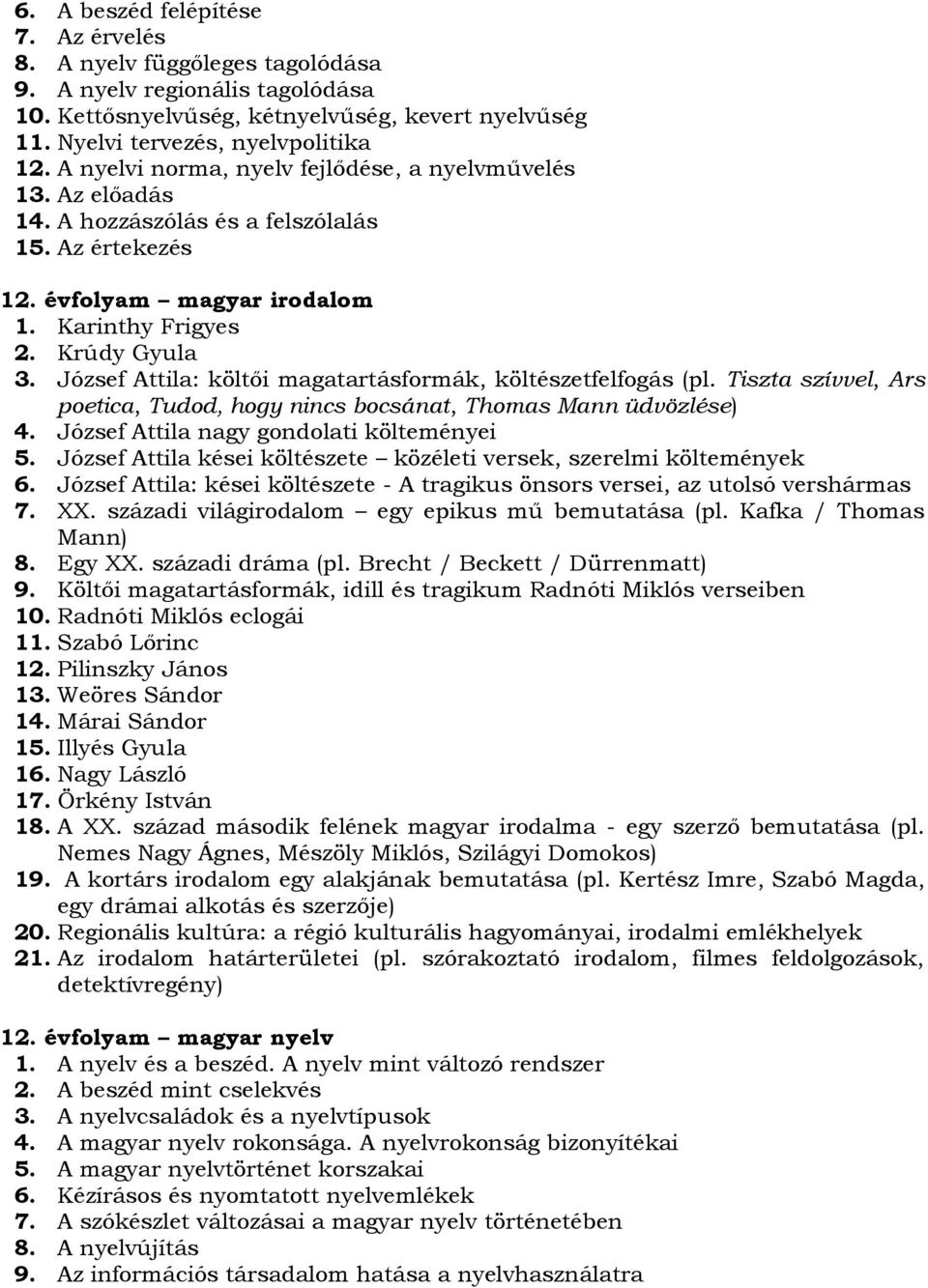 József Attila: költői magatartásformák, költészetfelfogás (pl. Tiszta szívvel, Ars poetica, Tudod, hogy nincs bocsánat, Thomas Mann üdvözlése) 4. József Attila nagy gondolati költeményei 5.