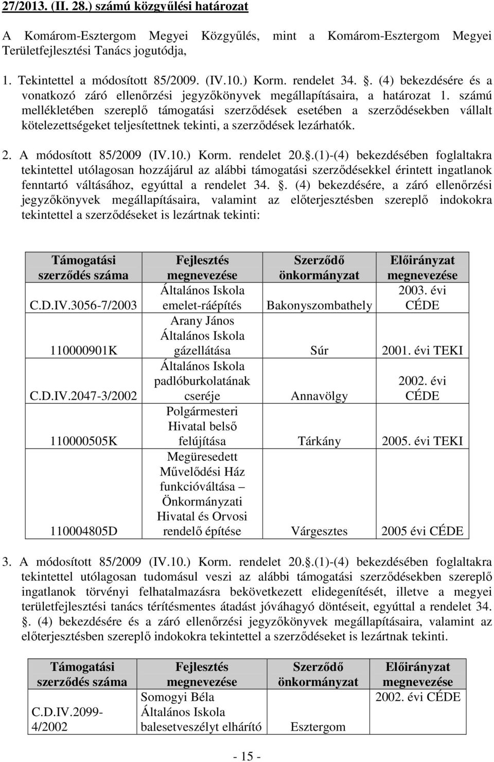 számú mellékletében szereplő támogatási szerződések esetében a szerződésekben vállalt kötelezettségeket teljesítettnek tekinti, a szerződések lezárhatók. 2. A módosított 85/2009 (IV.10.) Korm.