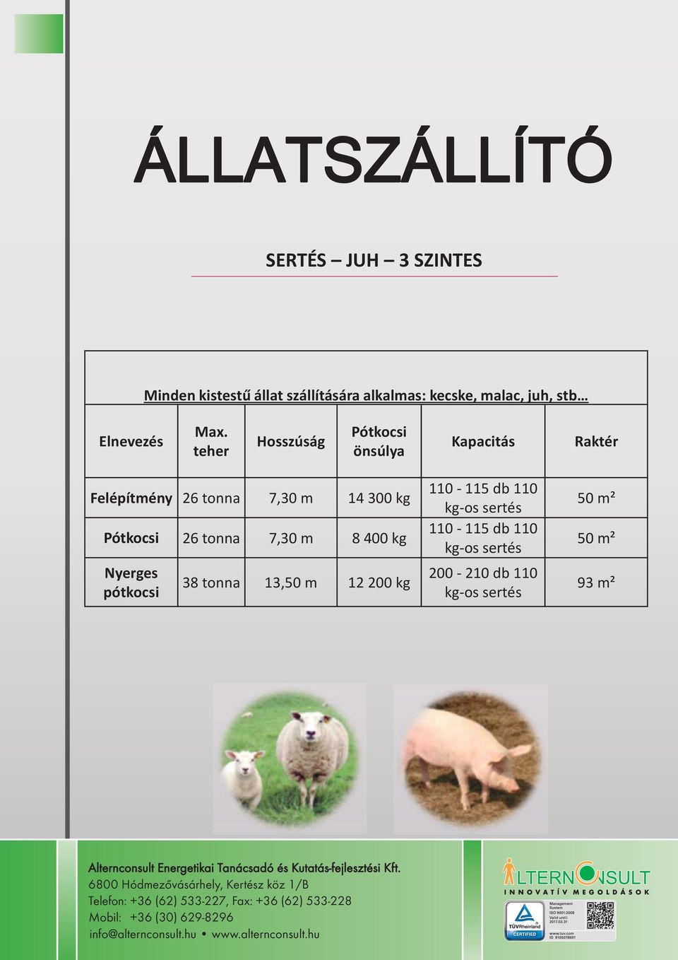 m 8 400 kg Nyerges pótkocsi 38 tonna 13,50 m 12 200 kg 110-115 db 110 kg-os sertés 110-115 db 110 kg-os sertés