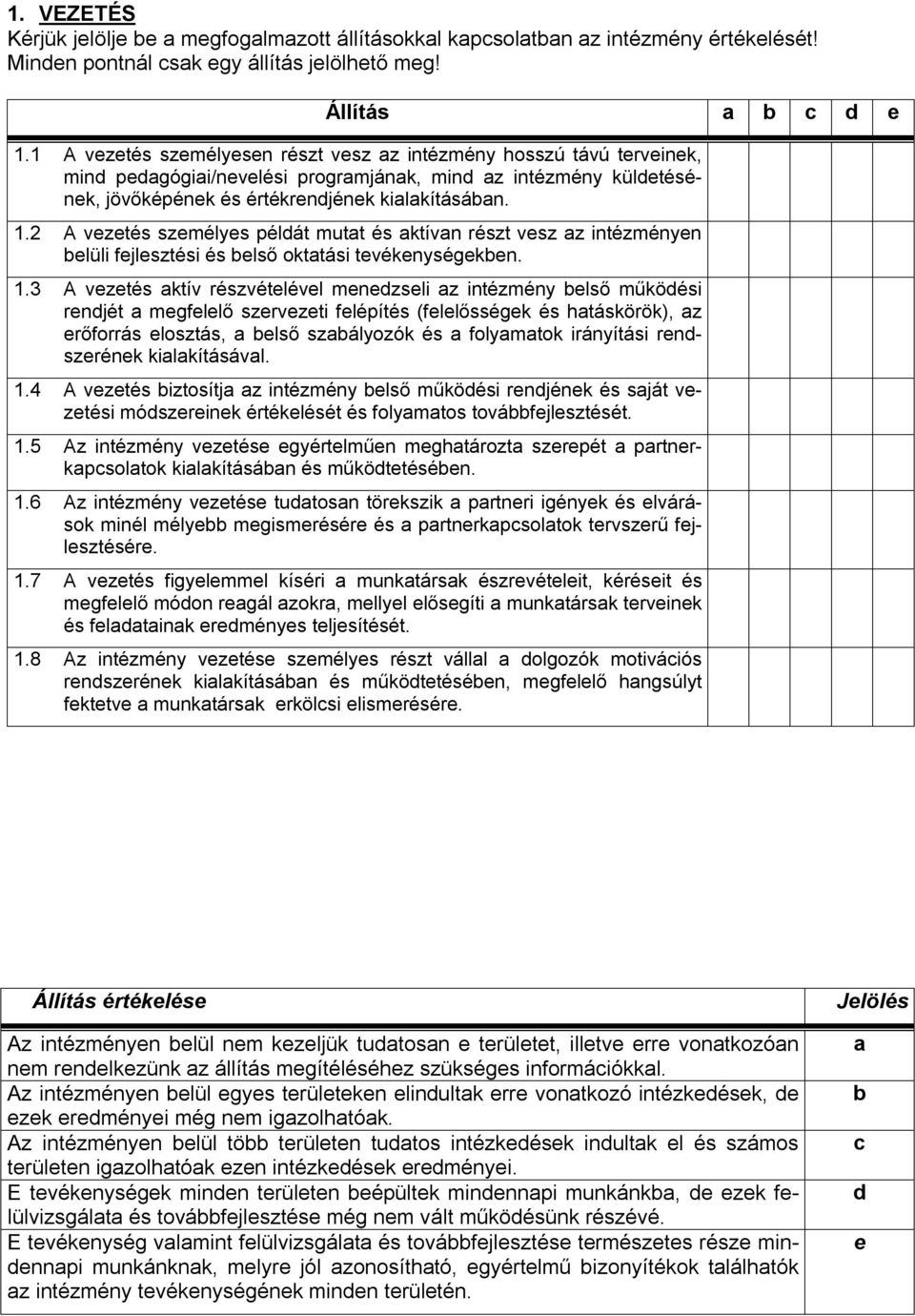 2 A vezetés személyes példát mutat és aktívan részt vesz az intézményen belüli fejlesztési és belső oktatási tevékenységekben. 1.