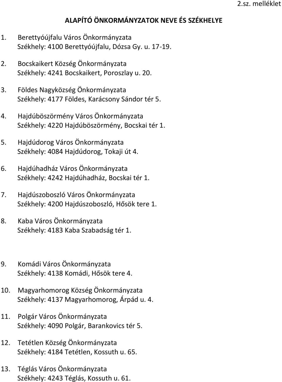 5. Hajdúdorog Város Önkormányzata Székhely: 4084 Hajdúdorog, Tokaji út 4. 6. Hajdúhadház Város Önkormányzata Székhely: 4242 Hajdúhadház, Bocskai tér 1. 7.