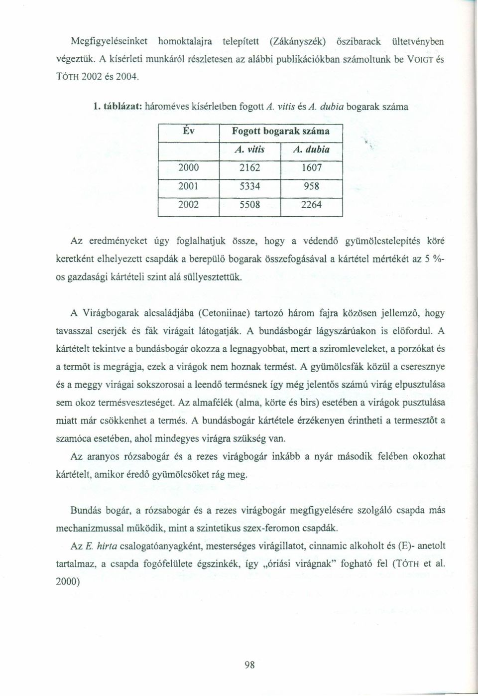 dubia 2000 2162 1607 2001 5334 958 2002 5508 2264 Az eredményeket úgy foglalhatjuk össze, hogy a védendő gyürnölcstelepítés köré keretként elhelyezett csapdák a berepülő bogarak összefogásával a