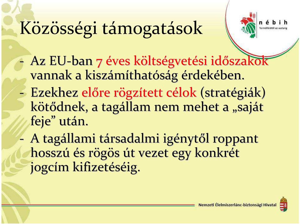 - Ezekhez előre rögzr gzített célokc (stratégi giák) kötődnek, a tagállam nem mehet