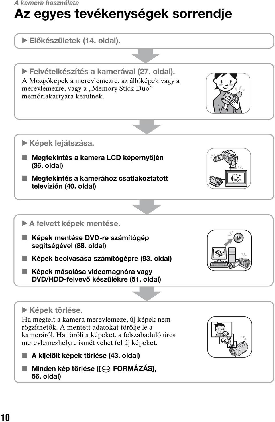 x Képek mentése DVD-re számítógép segítségével (88. oldal) x Képek beolvasása számítógépre (93. oldal) x Képek másolása videomagnóra vagy DVD/HDD-felvevő készülékre (51. oldal) B Képek törlése.