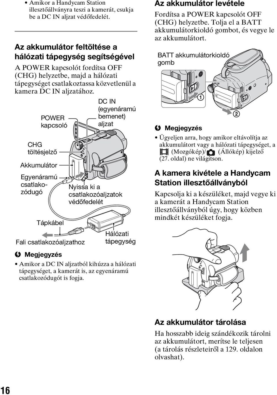 POWER kapcsoló CHG töltésjelző Akkumulátor Egyenáramú csatlakozódugó Tápkábel Fali csatlakozóaljzathoz DC IN (egyenáramú bemenet) aljzat Nyissa ki a csatlakozóaljzatok védőfedelét Hálózati tápegység