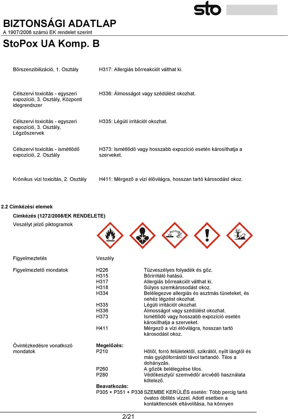 Osztály H373: Ismétlődő vagy hosszabb expozíció esetén károsíthatja a szerveket. Krónikus vízi toxicitás, 2.