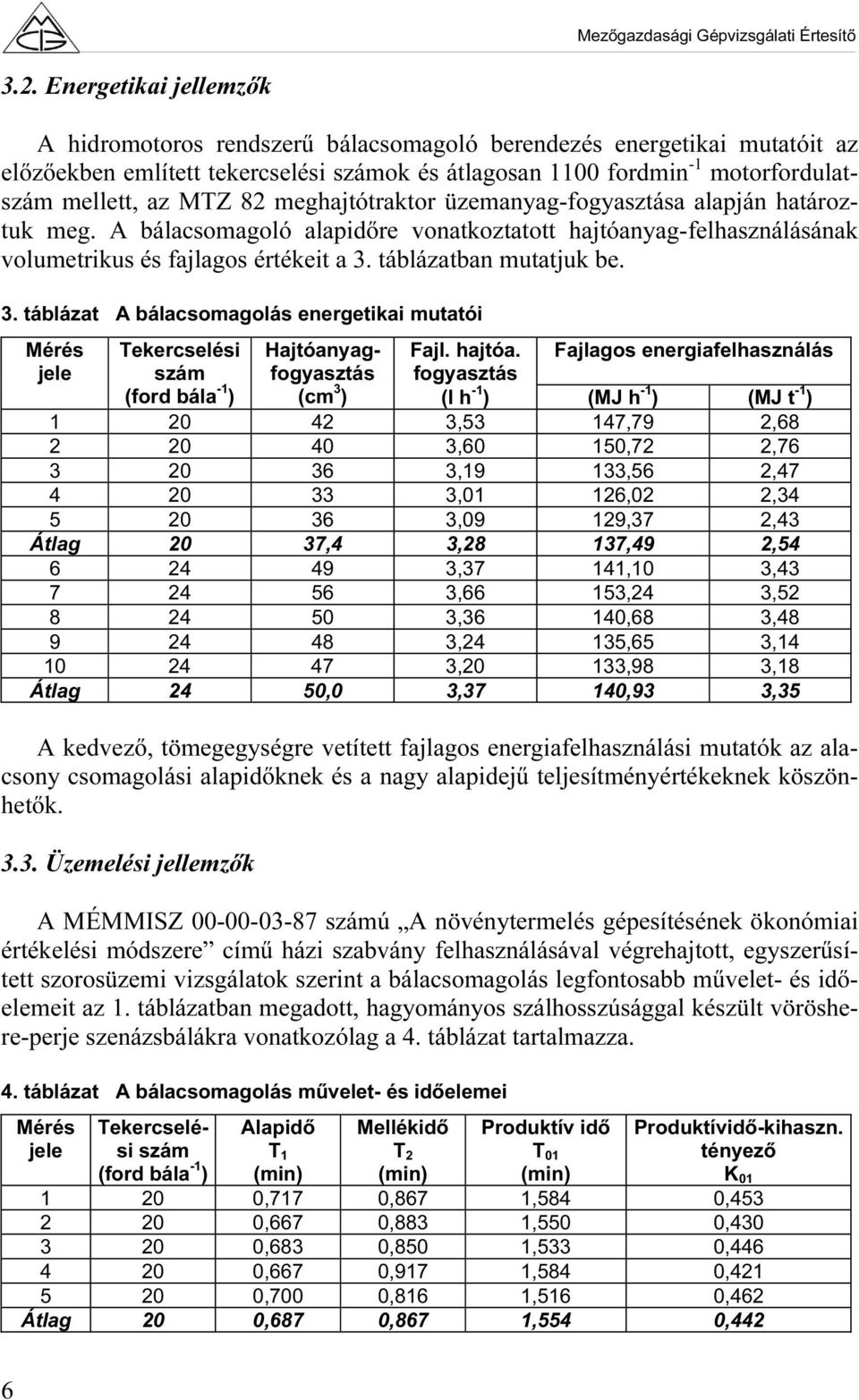 táblázatban mutatjuk be. 3. táblázat A bálacsomagolás energetikai mutatói Hajtóanyagfogyasztás Fajl. hajtóa.