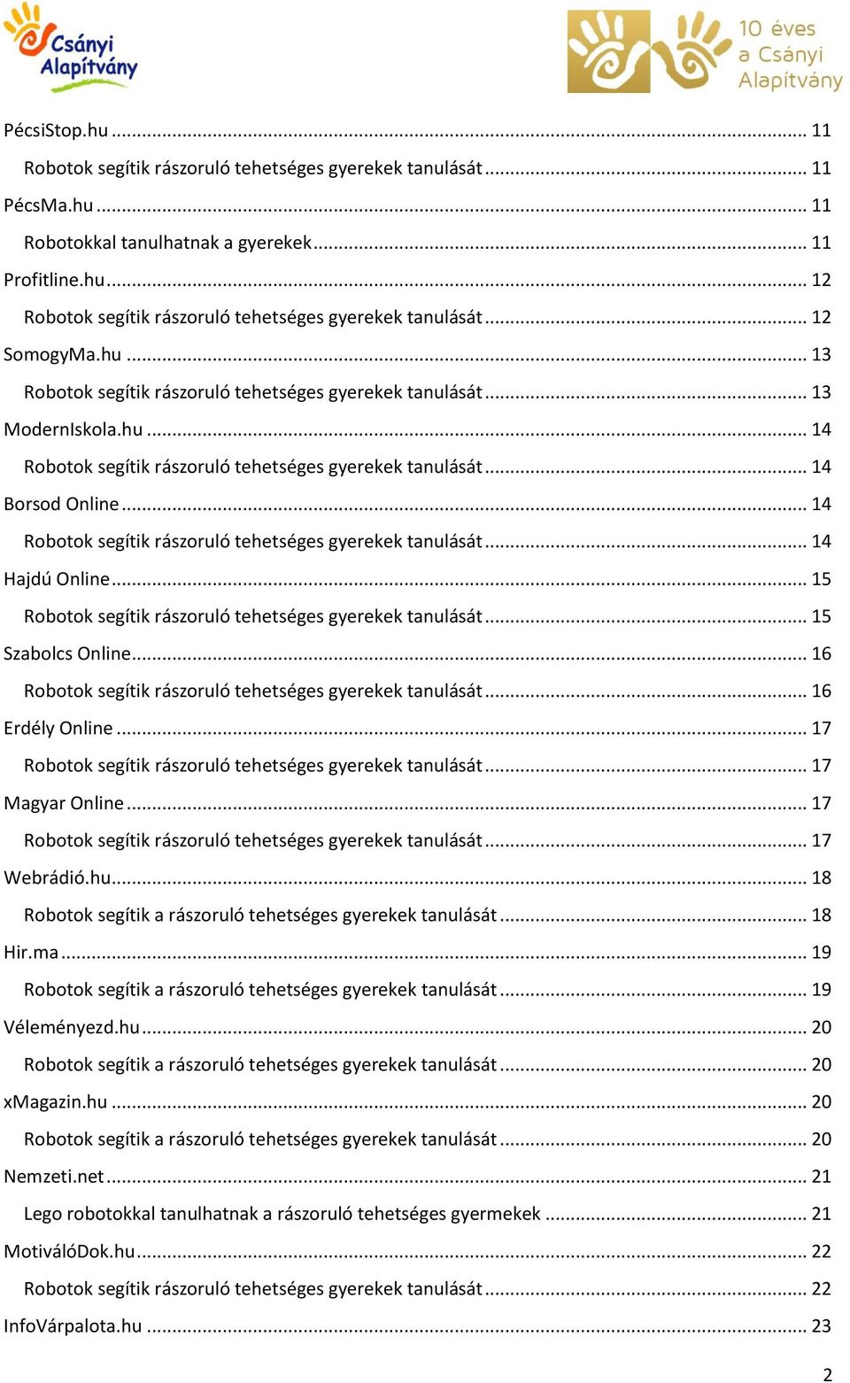 .. 19 Robotok segítik a rászoruló tehetséges gyerekek tanulását... 19 Véleményezd.hu... 20 Robotok segítik a rászoruló tehetséges gyerekek tanulását... 20 xmagazin.hu... 20 Robotok segítik a rászoruló tehetséges gyerekek tanulását... 20 Nemzeti.