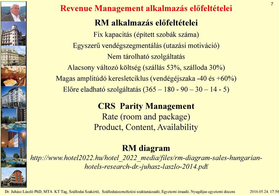 keresletciklus (vendégéjszaka -40 és +60%) Előre eladható szolgáltatás (365 180-90 30 14-5) CRS Parity Management Rate (room and package)