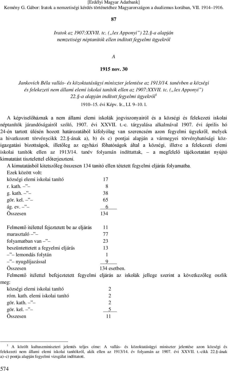 -a alapján indított fegyelmi ügyekről 1 1910 15. évi Képv. Ir., LI. 9 10. l.