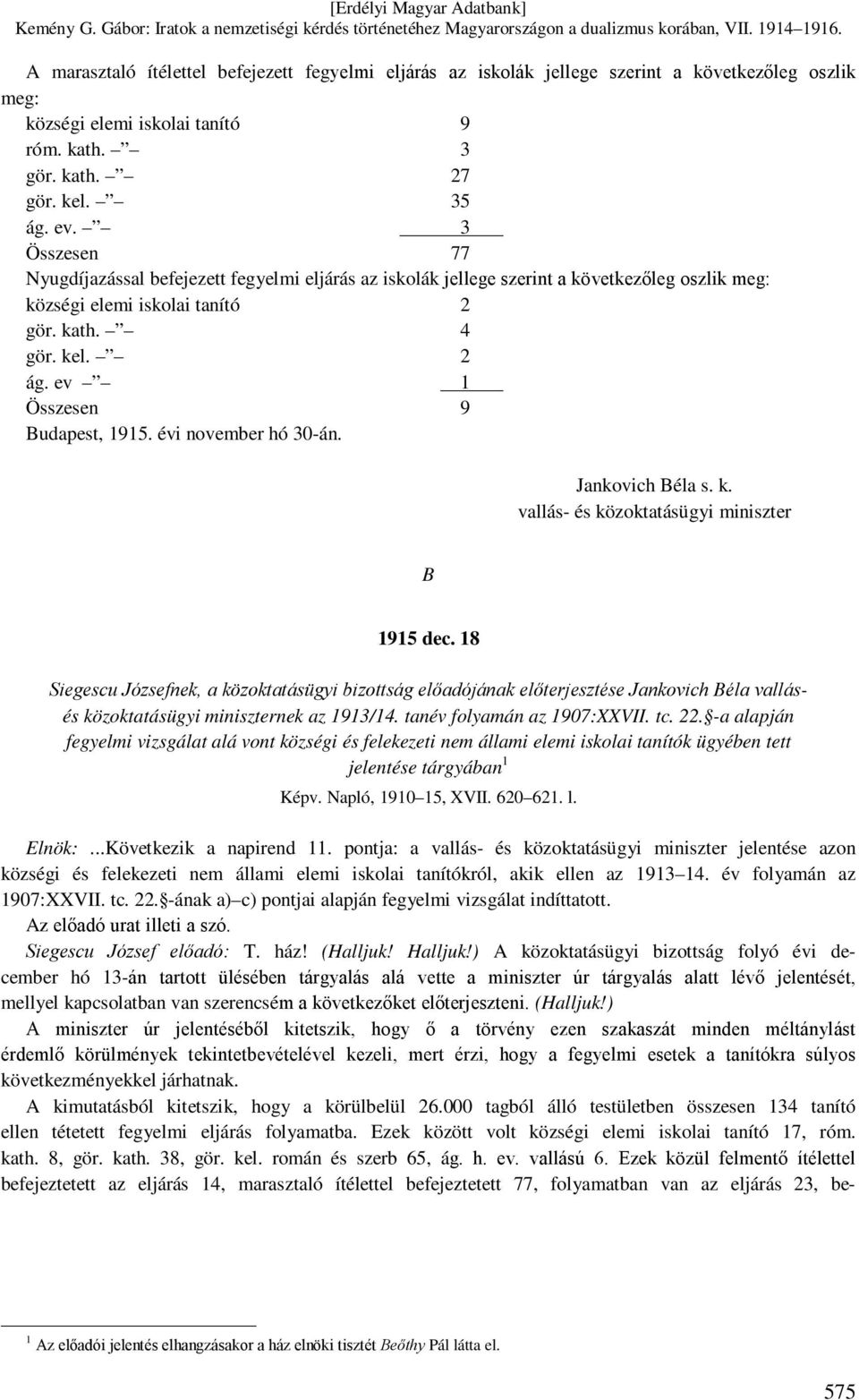 ev 1 Összesen 9 Budapest, 1915. évi november hó 30-án. Jankovich Béla s. k. vallás- és közoktatásügyi miniszter B 1915 dec.