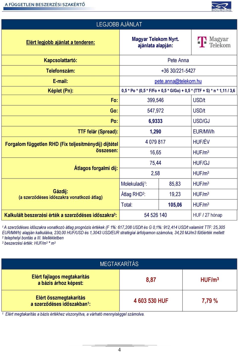 (Fix teljesítménydíj) díjtétel összesen: Átlagos forgalmi díj: Gázdíj: (a szerződéses időszakra vonatkozó átlag) 4 079 817 HUF/ÉV 16,65 HUF/m 3 75,44 HUF/GJ 2,58 HUF/m 3 Molekuladíj 1 : 85,83 HUF/m 3