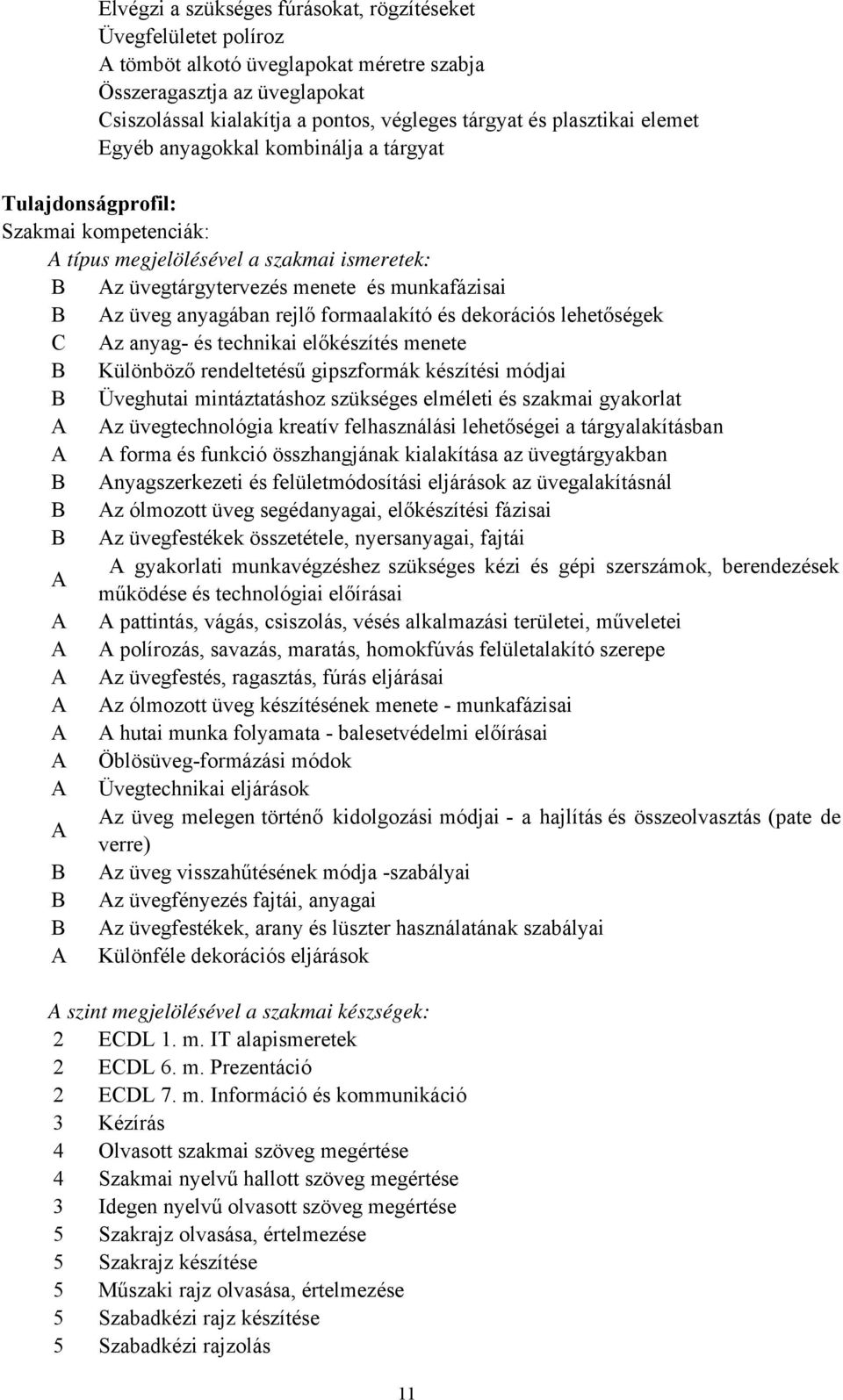 anyagában rejlő formaalakító és dekorációs lehetőségek C Az anyag- és technikai előkészítés menete B Különböző rendeltetésű gipszformák készítési módjai B Üveghutai mintáztatáshoz szükséges elméleti