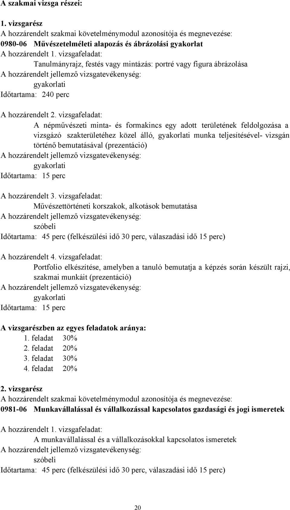 vizsgafeladat: A népművészeti minta- és formakincs egy adott területének feldolgozása a vizsgázó szakterületéhez közel álló, munka teljesítésével- vizsgán történő bemutatásával (prezentáció) A