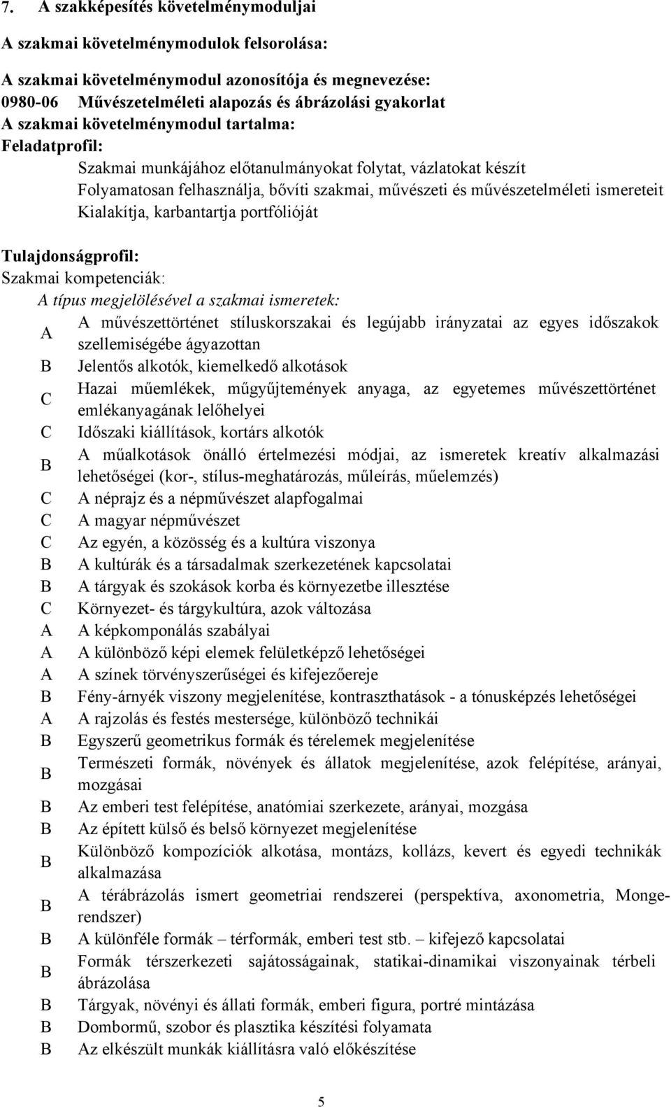 Kialakítja, karbantartja portfólióját Tulajdonságprofil: Szakmai kompetenciák: A típus megjelölésével a szakmai ismeretek: A művészettörténet stíluskorszakai és legújabb irányzatai az egyes időszakok