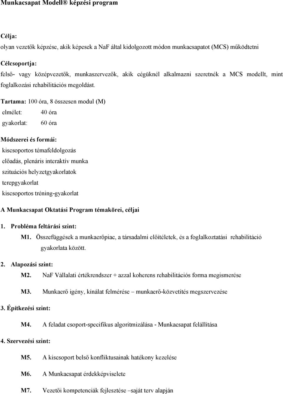 Tartama: 100 óra, 8 összesen modul (M) elmélet: 40 óra gyakorlat: 60 óra Módszerei és formái: kiscsoportos témafeldolgozás előadás, plenáris interaktív munka szituációs helyzetgyakorlatok