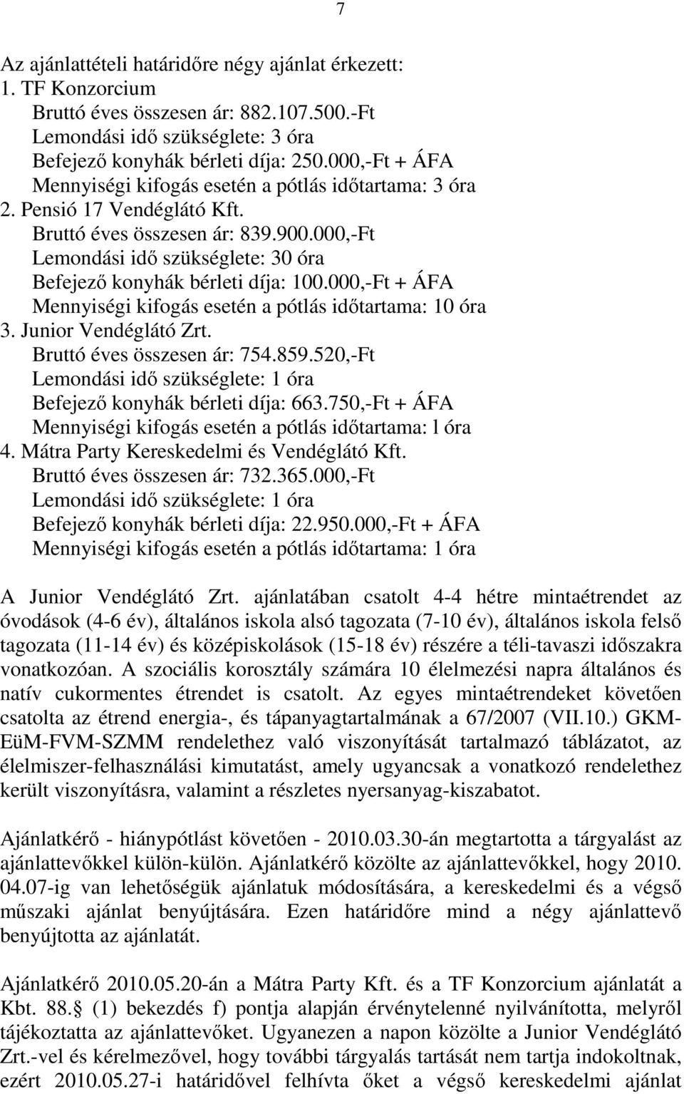 000,-Ft Lemondási idő szükséglete: 30 óra Befejező konyhák bérleti díja: 100.000,-Ft + ÁFA Mennyiségi kifogás esetén a pótlás időtartama: 10 óra 3. Junior Vendéglátó Zrt. Bruttó éves összesen ár: 754.