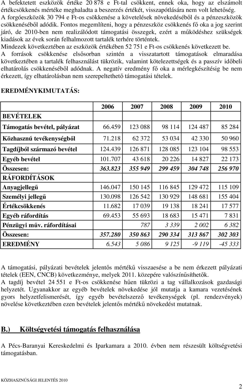 Fontos megemlíteni, hogy a pénzeszköz csökkenés fő oka a jog szerint járó, de 2010-ben nem realizálódott támogatási összegek, ezért a működéshez szükségek kiadások az évek során felhalmozott tartalék