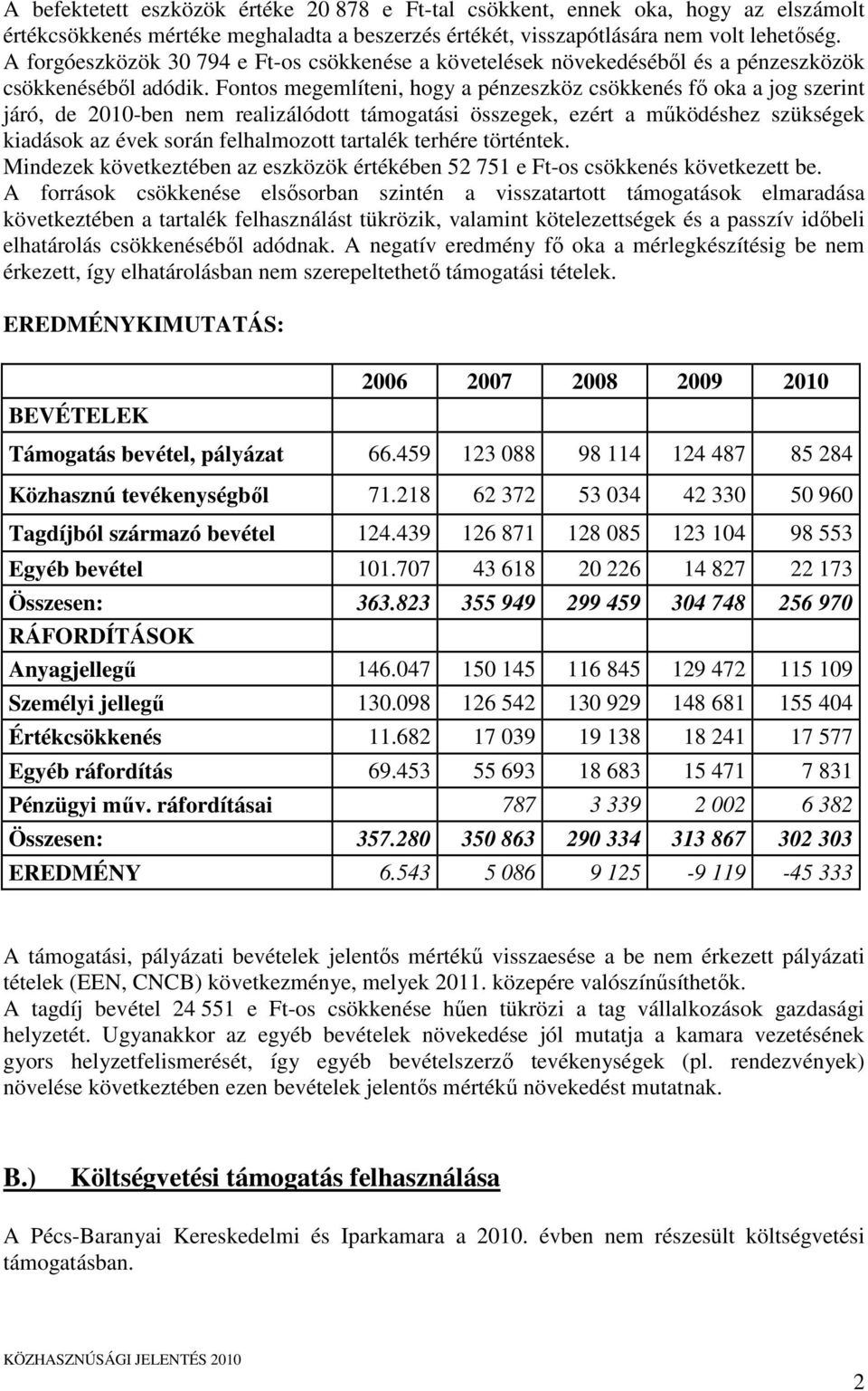 Fontos megemlíteni, hogy a pénzeszköz csökkenés fő oka a jog szerint járó, de 2010-ben nem realizálódott támogatási összegek, ezért a működéshez szükségek kiadások az évek során felhalmozott tartalék