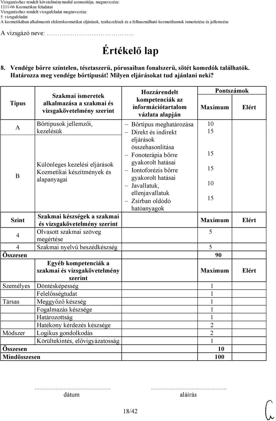 kompetenciák az információtartalom vázlata alapján Bőrtípus meghatározása Direkt és indirekt eljárások összehasonlítása Fonoterápia bőrre gyakorolt hatásai Iontoforézis bőrre gyakorolt hatásai