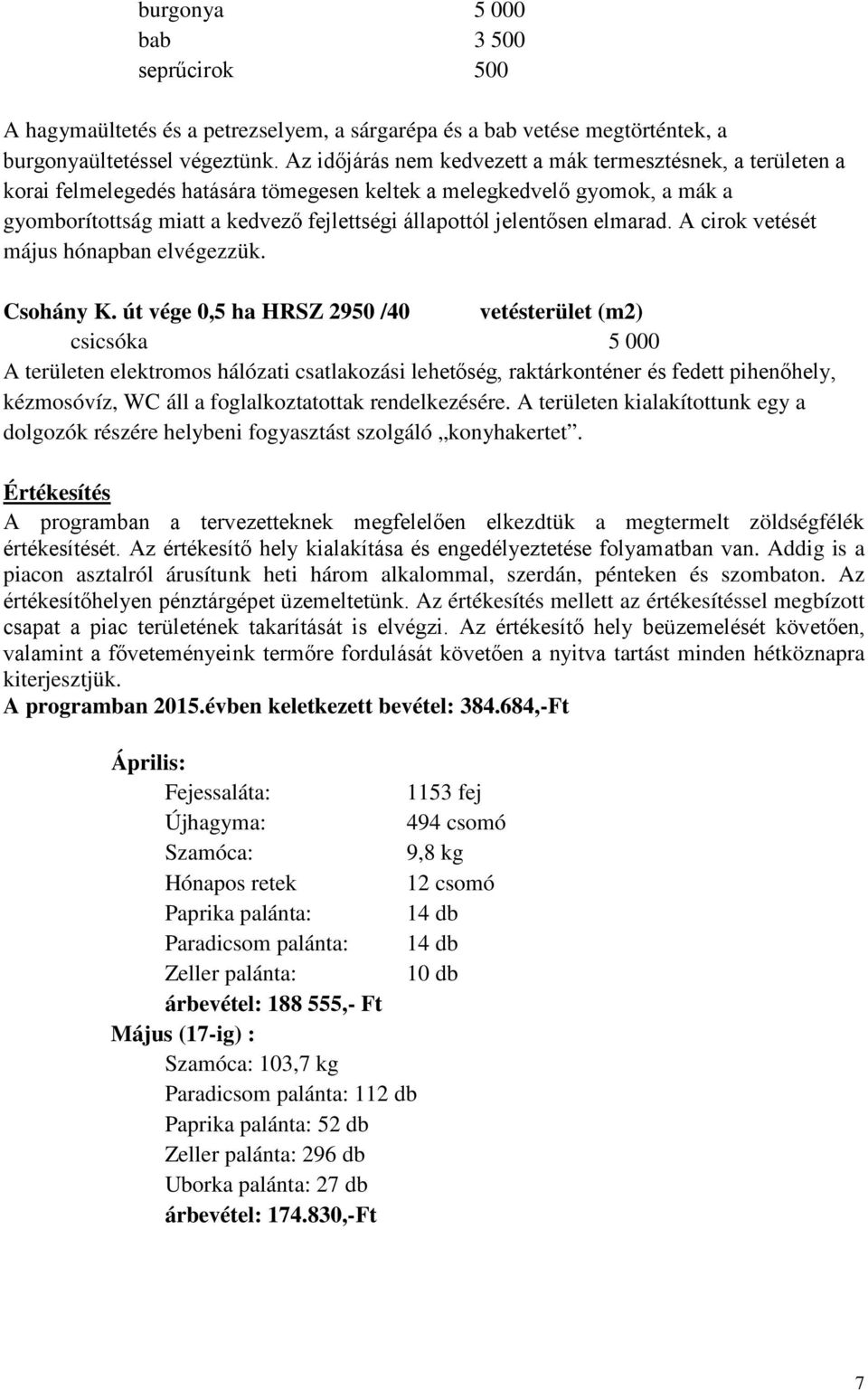 jelentősen elmarad. A cirok vetését május hónapban elvégezzük. Csohány K.