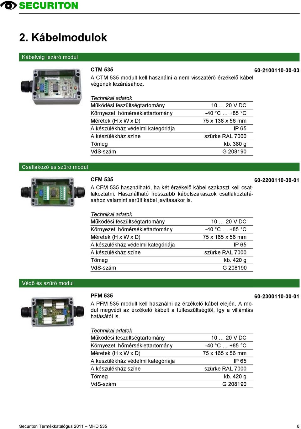 380 g 60-2100110-30-03 CFM 535 60-2200110-30-01 A CFM 535 használható, ha két érzékelő kábel szakaszt kell csatlakoztatni.