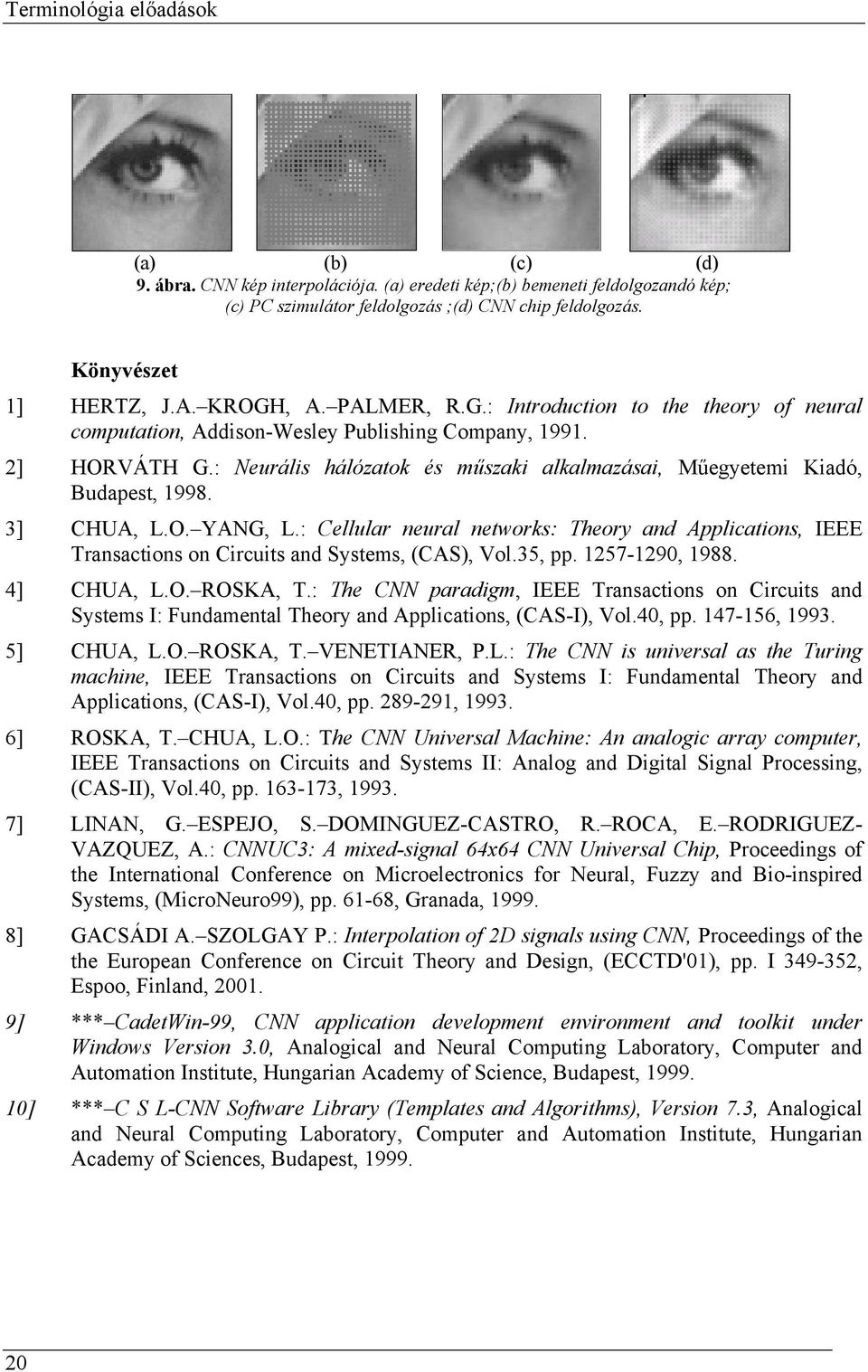 : Neurális hálózatok és műszaki alkalmazásai, Műegyetemi Kiadó, Budapest, 1998. 3] CHUA, L.O. YANG, L.