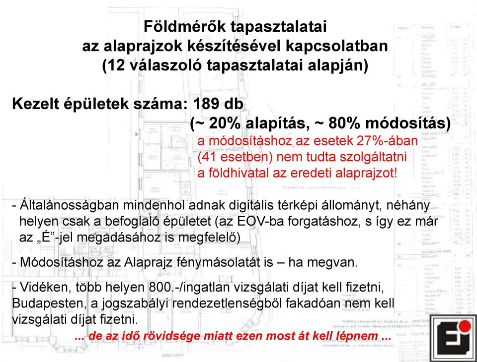 - Általánosságban mindenhol adnak digitális térképi állományt, néhány helyen csak a befoglaló épületet (az EOV-ba forgatáshoz, s így ez már az É -jel megadásához is megfelelő) -