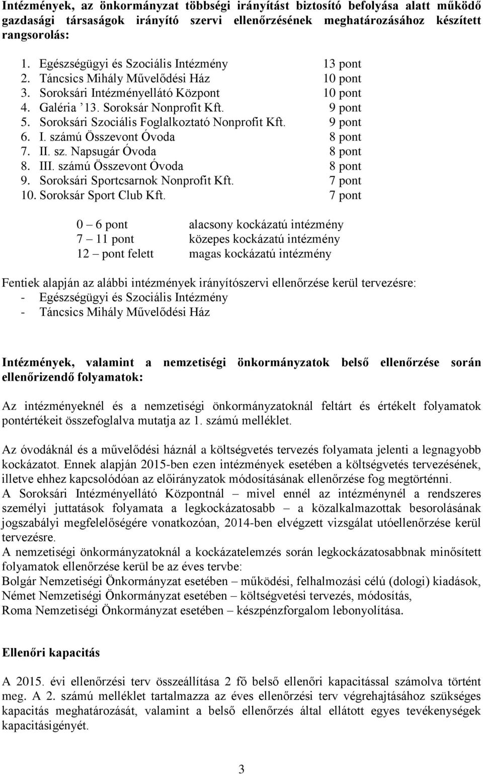 Soroksári Szociális Foglalkoztató Nonprofit Kft. 9 pont 6. I. számú Összevont Óvoda 8 pont 7. II. sz. Napsugár Óvoda 8 pont 8. III. számú Összevont Óvoda 8 pont 9.