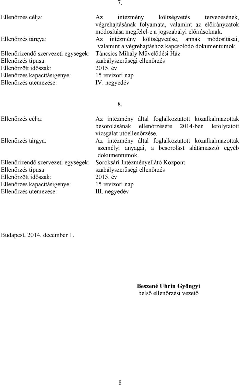 negyedév 8. Ellenőrzés célja: Az intézmény által foglalkoztatott közalkalmazottak besorolásának ellenőrzésére 2014-ben lefolytatott vizsgálat utóellenőrzése.