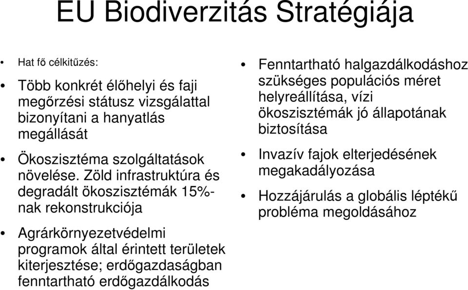 Zöld infrastruktúra és degradált ökoszisztémák 15%- nak rekonstrukciója Agrárkörnyezetvédelmi programok által érintett területek kiterjesztése;