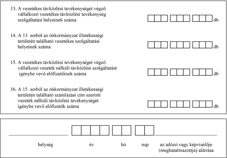 A vezetékes távközlési tevékenységet végző vállalkozó vezeték nélküli távközlési szolgáltatást igénybe vevő előfizetőinek száma db 16. A 15.