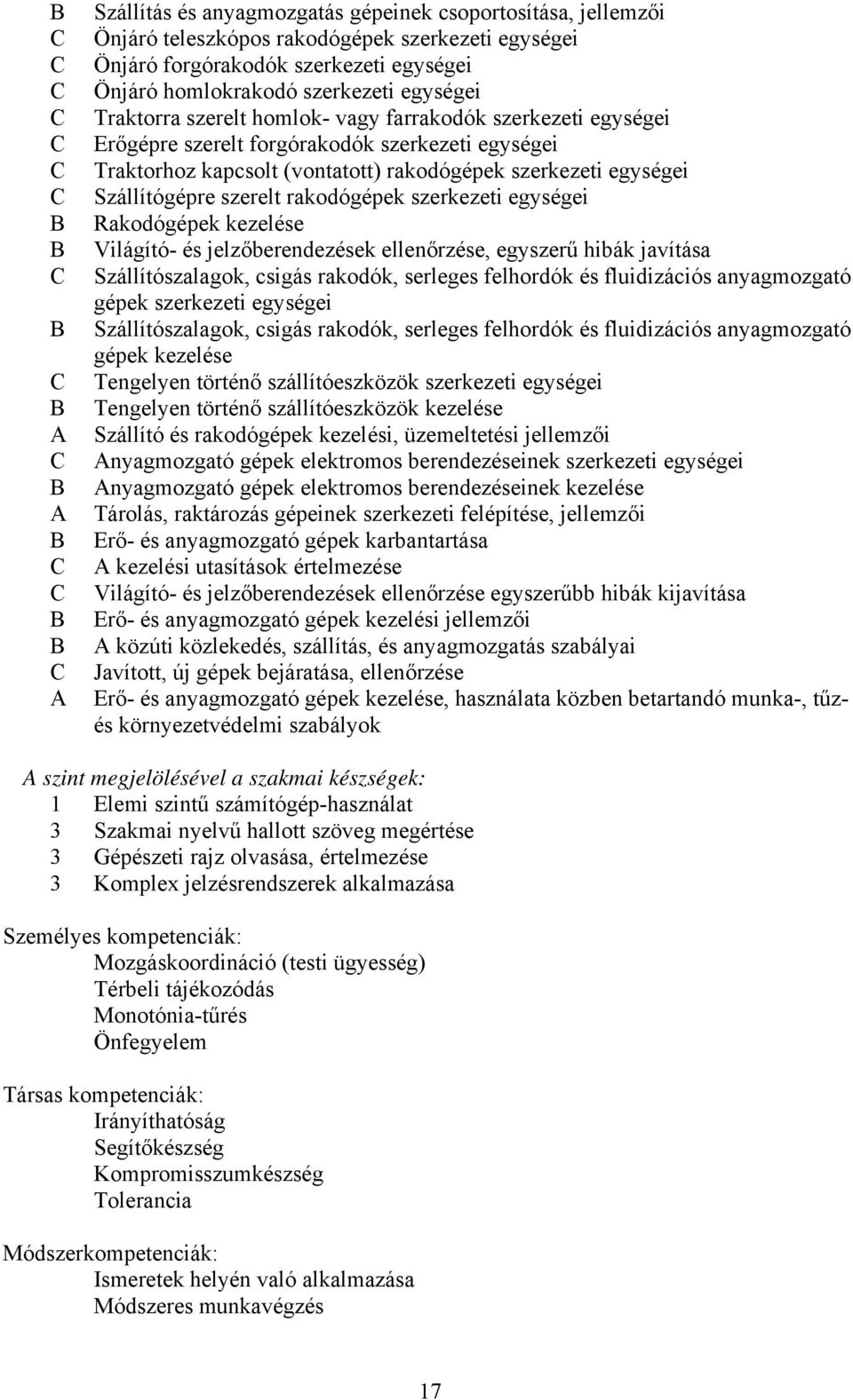 rakodógépek szerkezeti egységei Rakodógépek kezelése Világító- és jelzőberendezések ellenőrzése, egyszerű hibák javítása Szállítószalagok, csigás rakodók, serleges felhordók és fluidizációs