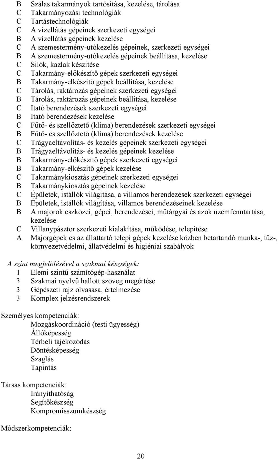 kezelése Tárolás, raktározás gépeinek szerkezeti egységei Tárolás, raktározás gépeinek beállítása, kezelése Itató berendezések szerkezeti egységei Itató berendezések kezelése Fűtő- és szellőztető