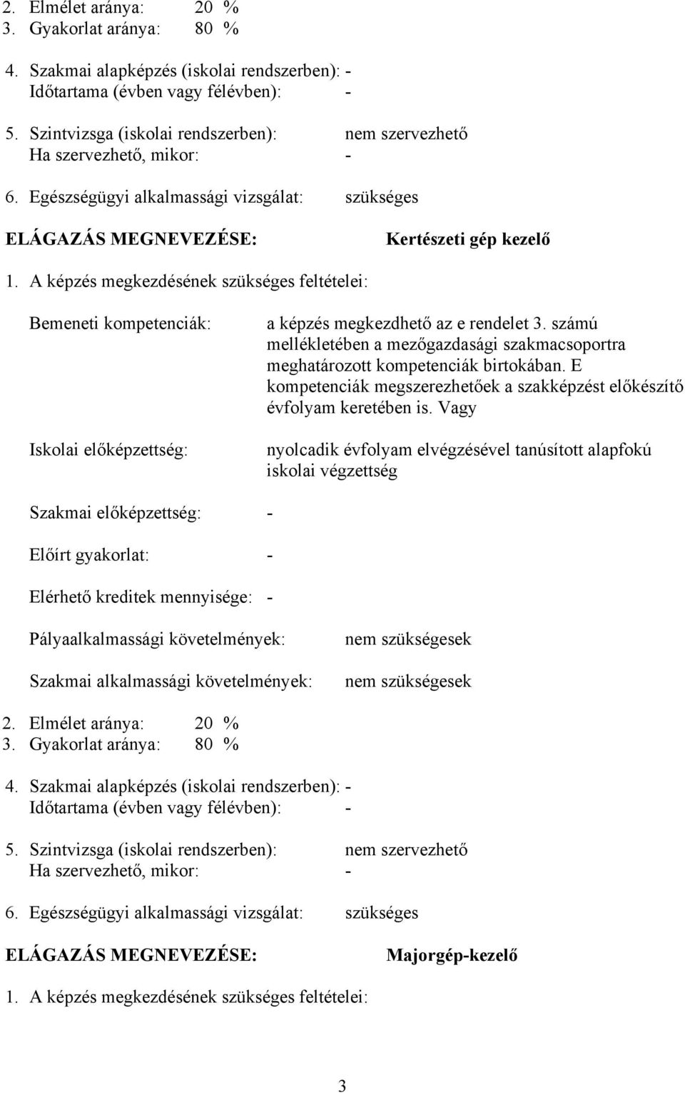 A képzés megkezdésének szükséges feltételei: emeneti kompetenciák: Iskolai előképzettség: a képzés megkezdhető az e rendelet 3.