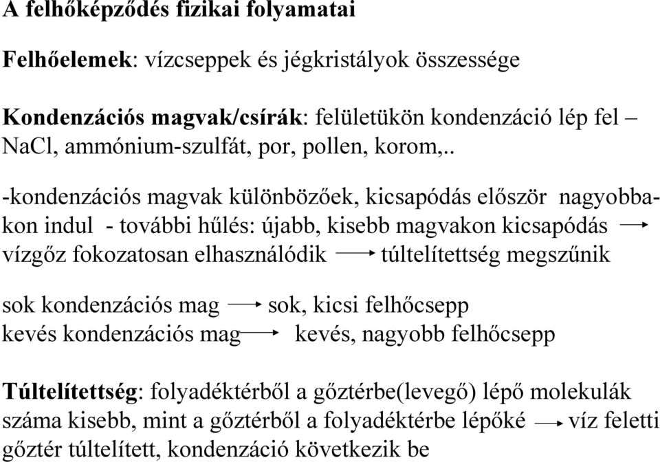 . -kondenzációs magvak különbözőek, kicsapódás először nagyobbakon indul - további hűlés: újabb, kisebb magvakon kicsapódás vízgőz fokozatosan elhasználódik