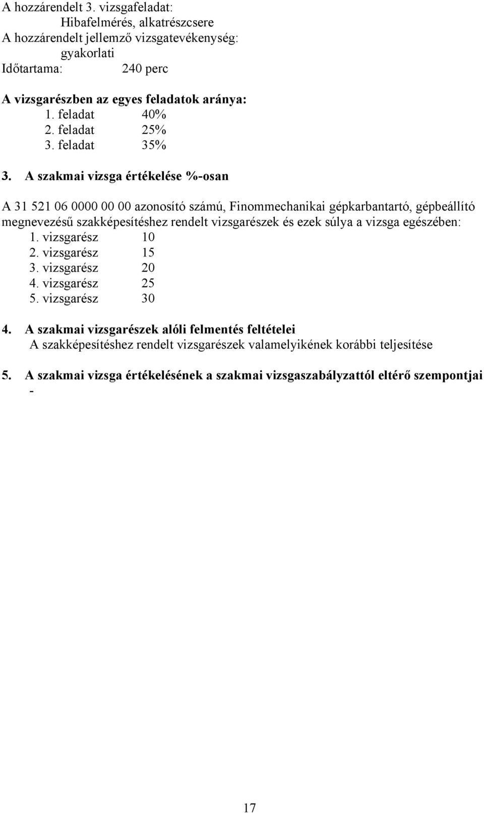 szakmai vizsga értékelése %-osan 31 521 06 0000 00 00 azonosító számú, Finommechanikai gépkarbantartó, gépbeállító megnevezésű szakképesítéshez rendelt vizsgarészek és ezek súlya