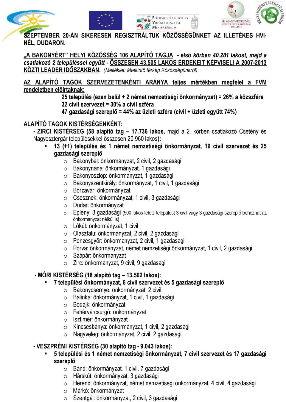 (Melléklet: áttekintő térkép Közösségünkről) AZ ALAPÍTÓ TAGOK SZERVEZETENKÉNTI ARÁNYA teljes mértékben megfelel a FVM rendeletben előírtaknak: 25 település (ezen belül + 2 német nemzetiségi
