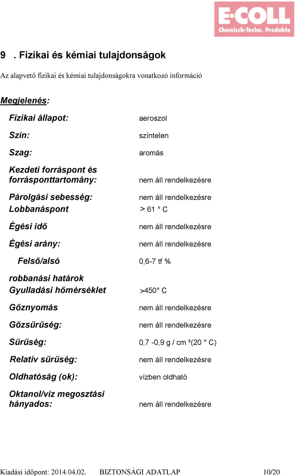 aromás > 61 C Felső/alsó 0,6-7 tf % robbanási határok Gyulladási hőmérséklet Gőznyomás Gőzsűrűség: >450 C Sűrűség: 0,7-0,9 g / cm