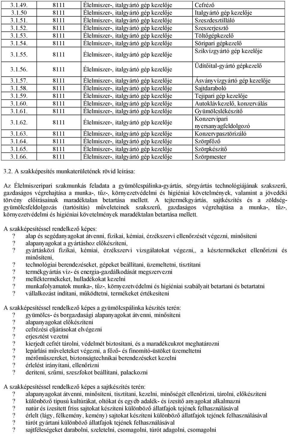 8111 Élelmiszer-, italgyártó gép kezelője Szikvízgyártó gép kezelője 3.1.56. 8111 Élelmiszer-, italgyártó gép kezelője Üdítőital-gyártó gépkezelő 3.1.57.