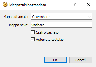 Osztott könyvtár beállítása A gép ablakának Eszközök / Megosztott mappák menüpontjából beállítjuk azt a könyvtárat amelyet a gazda és vendég gép alatt is akarunk használni fájlok megosztására (a