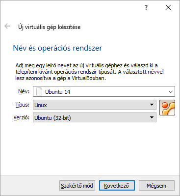 Név és op. rendszer típus Adjunk egy nevet a gépnek (ez bármi lehet), ez után ezzel a névvel fogjuk látni a VirtualBox-ban.