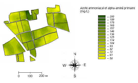 3, Új ökofiziológiai megközelítések Nitrogén háztartás must nitrogén tartalma (Yeast Available Nitrogen) éréskor Spatialisation of the nitrogen status of the vines at the scale of the estate, based