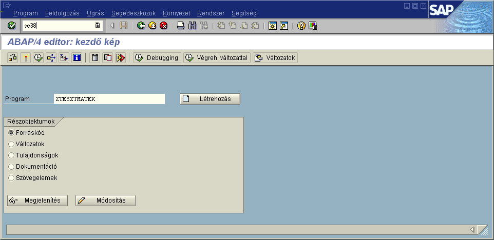 19. ábra. Egy ABAP program (report) a ZMATEK teszteléséhez - Létrehozás A teszt ABAP program a következő, azaz ezt a programot gépeljük be a 20. ábrán látható módon! 1 REPORT ZTESZTMATEK.