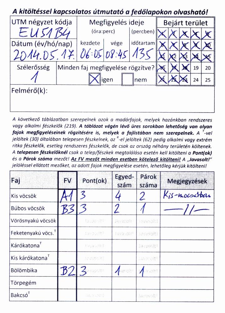 3) a Jegyzetek oldala. 5. ábra. Példa a terepnapló fedőlap kitöltésére 6. ábra. Példa a terepnapló 1. belső oldalának kitöltésére 1) A megfigyelés idejére és a bejárt területre vonatkozó adatok Az 5.