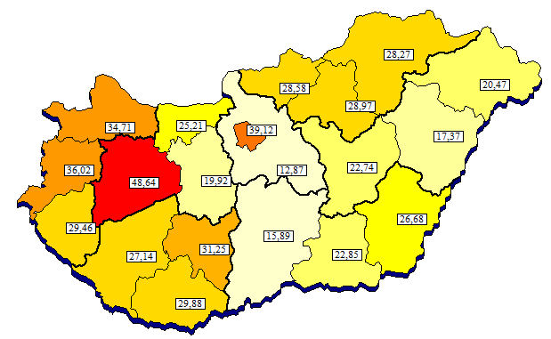 Tízezer lakosra jutó krónikus ágyszám megoszlás megyénként