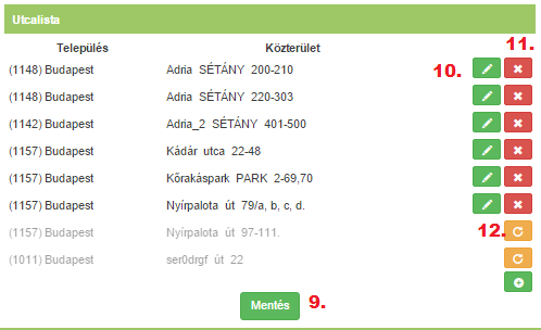 A körzetkarbantartó utolsó blokkjában a körzethez tartozó utcalista szerkeszthető. A 10. ponttal jelölt ceruza ikon szerkeszti az adott utca adatait. A 11.