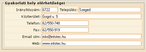 - Aktív: amennyiben az aktív jelölőnégyzet nincs bekapcsolva, tanulók nem sorolhatóak be a gyakorlati helyhez. - Megnevezés: a gyakorlati hely megnevezése (kötelező mező).