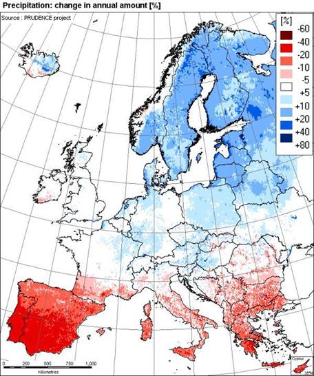 13. ábra: Az évi átlagos lehulló csapadékmennyiség lehetséges változása 2071-2100 között az 1961-1990-es periódushoz viszonyítva, az IPCC SRES A2.