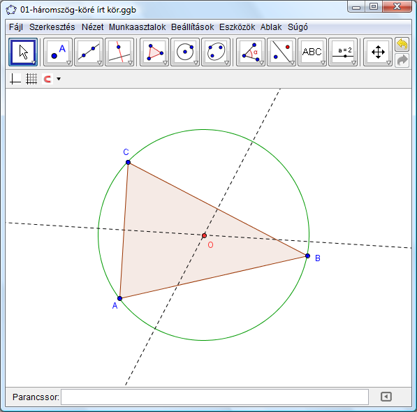 1. példa: Háromszög köré írt köre Feladat: Szerkesszük meg az A B C háromszög köré írt körét a GeoGebrában! Szerkesztés egér használatával Nyissuk meg a Munkaasztalok menüt és válasszuk a Geometriát.